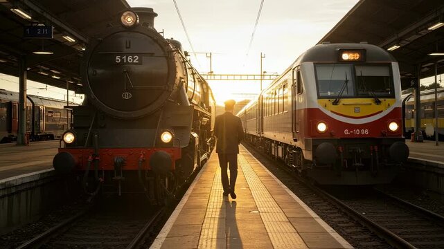 Train conductor stands and walks on a station platform between a steam locomotive and a modern train at sunset, journey footage.