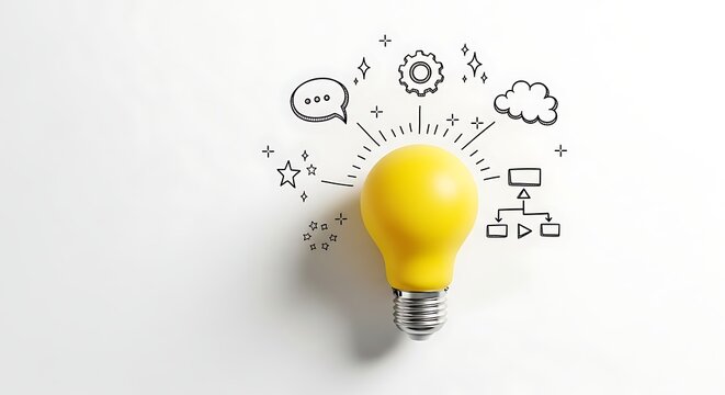 Yellow lightbulb with hand drawn icons idea innovation