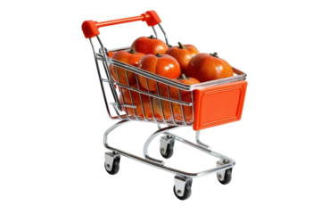 A shiny shopping cart filled with vibrant oranges stands ready for a bustling market day of fresh produce isolated on transparent background
