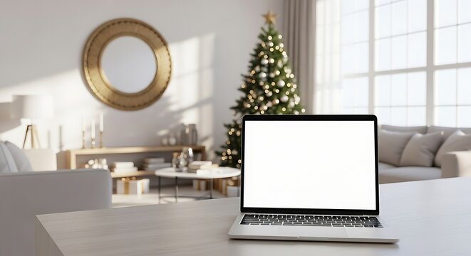 Cozy living room with laptop and christmas tree creating a festive and productive atmosphere - Powered by Adobe