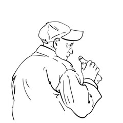 Clean vector sketch of a man in casual clothes holding a bottle, no shading, outlined in black and white with minimalist street style