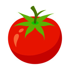 Illustration of a fresh ripe red tomato vegetable with green stem and leaves for cooking use