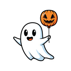 Obraz premium Happy ghost holding a jackolantern balloon isolated on white background