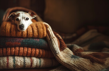 Creative animal template. Stack of warm neutral colour knitted blanket shawls with cute small white jack russell terrier dog puppy lying. copy text space. long banner wallpaper.	