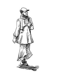 Vector sketch of walking smiling woman in modest Muslim fashion—long ruffled skirt, blouse, hijab, and cap—clean, stylish, and minimal design