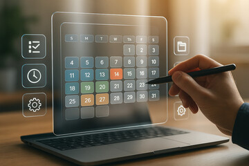 Time management and scheduling calendar on laptop, hand with stylus using transparent holographic UI with checklist icons for task planning, productivity, project management, deadline tracking, organi