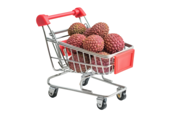 A miniature shopping cart filled with fresh lychees on a bright white background, highlighting the vibrant texture and color of the fruit isolated on transparent background