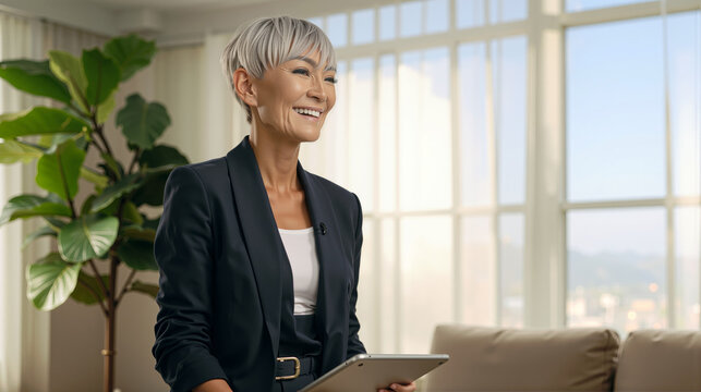 A successful and happy elderly woman engaged in a video call, representing intergenerational connection, remote communication, and financial wellness in her golden years.