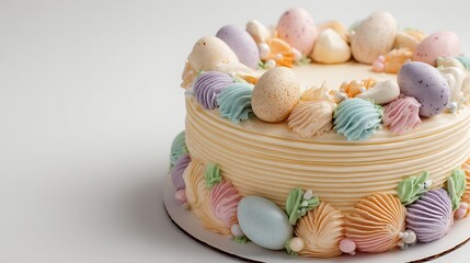 Easter style decorated cake with pastel frosting on a white background