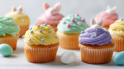 Easter themed cupcakes with colorful icing on a clean white surface