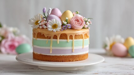 Easter style layered cake with soft pastel icing on a white surface