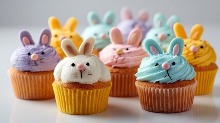 Easter cupcakes with bunny shaped decorations on a clean white background