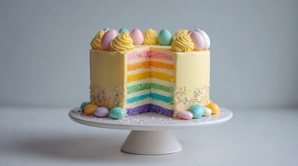 Easter style cake with rainbow frosting on a minimalist white backdrop