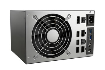 Rear view of a computer power supply unit psu with a large cooling fan, power switch, and various inputoutput ports, isolated on a transparent background