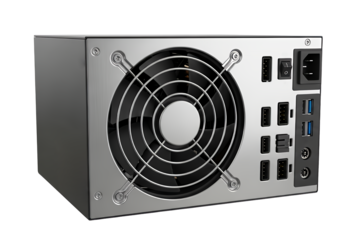 Rear view of a computer power supply unit psu with a large cooling fan, power switch, and various inputoutput ports, isolated on a transparent background