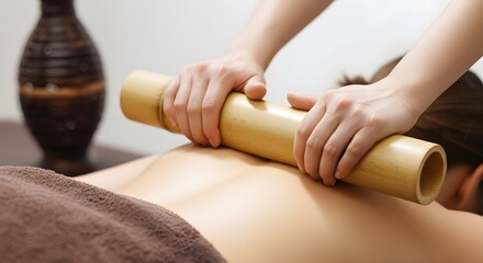 Relaxing bamboo massage for wellness and muscle relief, perfect for spa promotions or health articles, showing hands and peaceful setting