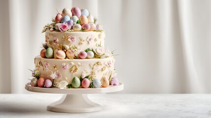 Easter style layered cake with delicate decorations on a bright white backdrop
