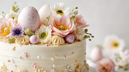 Easter style layered cake with delicate decorations on a bright white backdrop