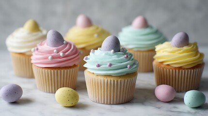 Easter cupcakes with pastel frosting and small eggs on a clean white surface