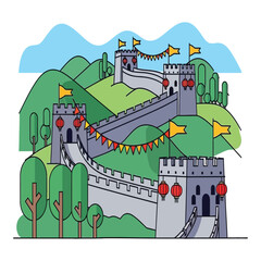 Chinese cultural symbols vector set. Tiananmen Gate in Beijing and red paper lanterns for travel and holiday.