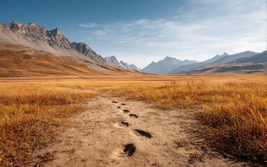Tranquil Footprints Leading Through a Serene Mountainous Terrain Under Clear Blue Sky