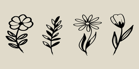 Simple hand drawn black ink floral elements and leaves on a beige background