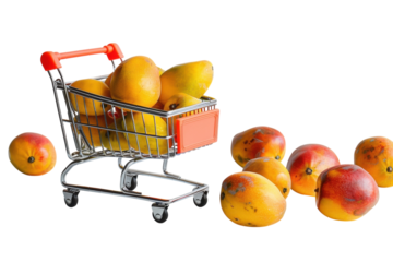 Colorful mangoes spill out from a shopping cart, showcasing vibrant fruits on a clean white surface isolated on transparent background