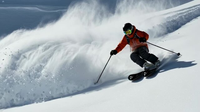 Man skiing down snowy mountain slope creating powder spray during winter sports activity, dynamic extreme sport footage