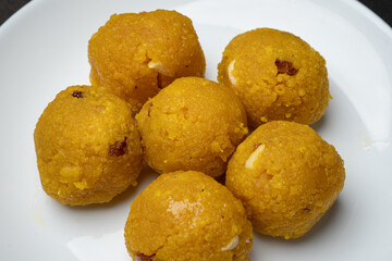 Plate of laddu, laddoo or ladoo a popular traditional Indian sweet treats made during festivals and religious ceremonies