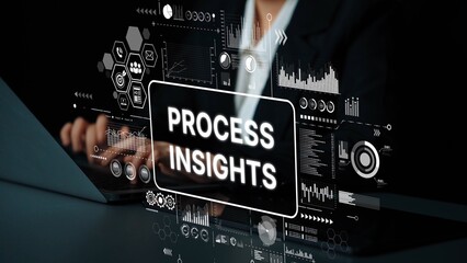 Business Professional Analyzing Data Insights with Futuristic Digital Overlay Displaying Process Analysis Metrics. Asymptotic smart data analytic.