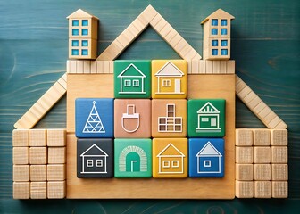Colorful wooden blocks with house icons arranged in a house shape on green wooden background