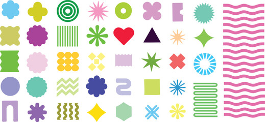 large colorful abstract geometric shapes vector collection with playful modern symbols, retro icons, decorative patterns and bright elements © Durjoy Art