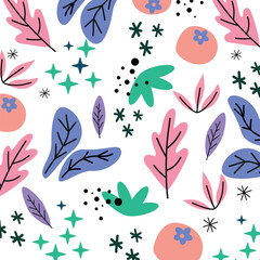 Colorful and playful vector illustration featuring a variety of leaves, flowers, and stars in vibrant pastel colors. Perfect for spring or summer designs, stationery, and decorative projects.