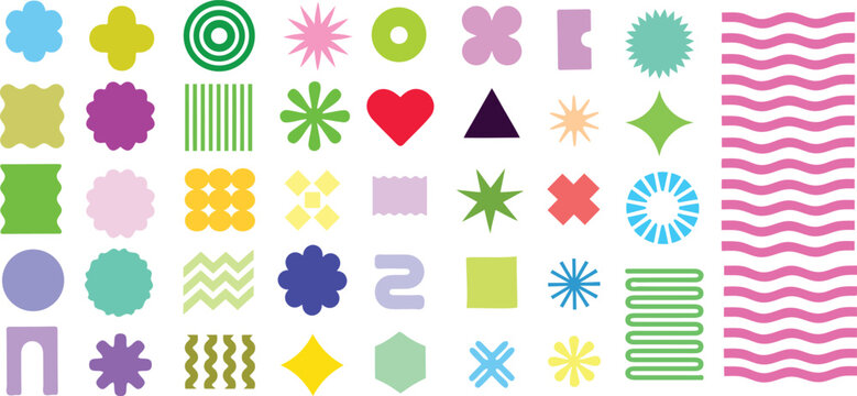 large colorful abstract geometric shapes vector collection with playful modern symbols, retro icons, decorative patterns and bright elements