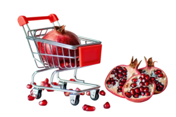 A vibrant pomegranate rests in a miniature shopping cart alongside scattered seeds on a light background isolated on transparent background