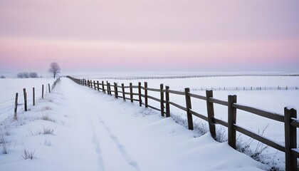 Fototapeta premium Winter landscape with a snow-covered path and wooden fence at dusk.