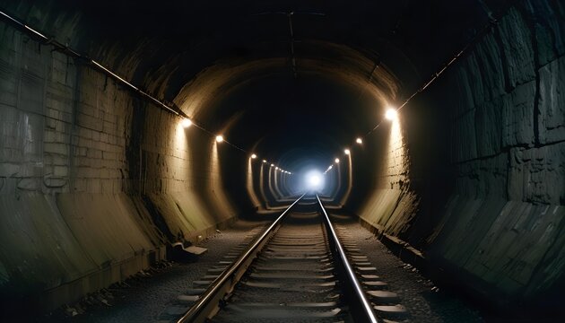 Tunnel with illuminated lights and railway tracks leading to a bright light.