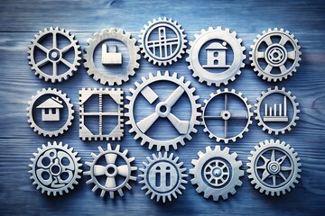 Collection of vintage metal gears and cogs on a blue wooden surface, representing teamwork and engineering