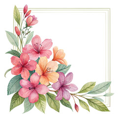 Floral frame with pink, orange, and purple watercolor flowers and leaves in corner arrangement