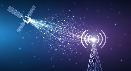 Abstract digital illustration of satellite and radio tower spreading global communication.
