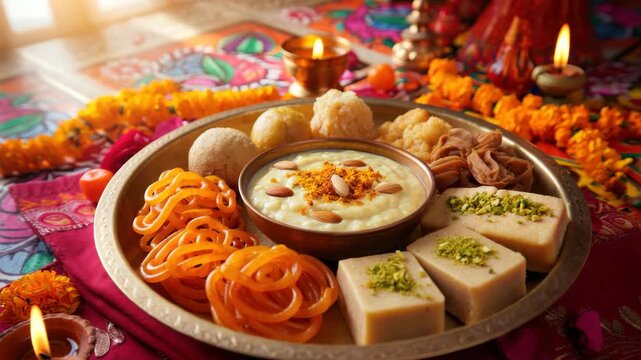 Traditional Indian sweets platter, Dussehra festival food, festive mithai assortment, cultural offering, sacred celebration, Hindu ritual cuisine, joyful devotion, heritage tradition, festive thali