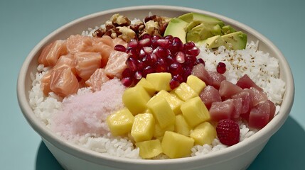 Colorful poke bowl with salmon and avocado placed at bottom edge over pastel blue background 