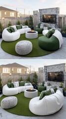 A modern outdoor seating area with curved white sofas, emerald green accent pillows, and a fire pit, creating a cozy and stylish patio.
