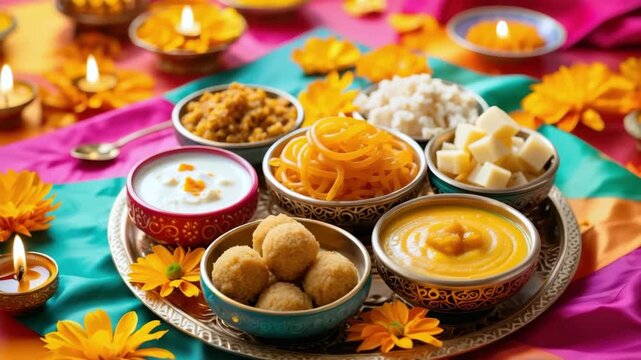 Traditional Indian sweets thali, Dussehra festive food, mithai assortment, cultural offering, Hindu celebration, sacred ritual, joyful gathering, heritage cuisine, spirituality, devotion