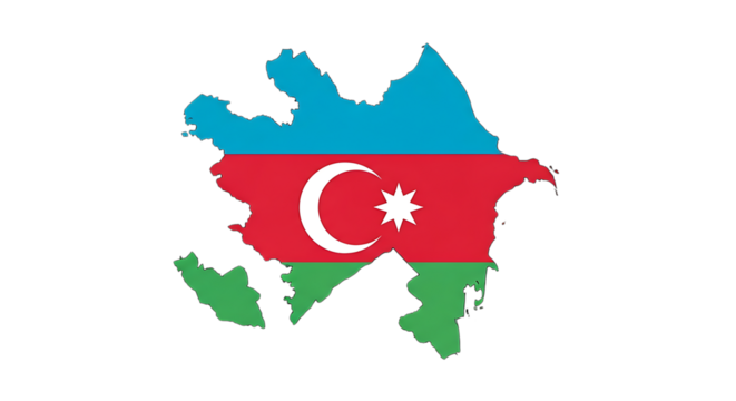 Azerbaijan map with flag isolated on transparent background the map is in the shape of the country and is colored with the colors of the flag the flag is red, blue, and green, with a white crescent mo
