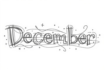 Hand-drawn typography illustration of the word 'December' featuring whimsical lines and decorative elements.
