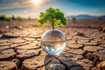 Tree growing in a crystal ball on cracked earth, symbolizing hope and resilience in environmental challenges