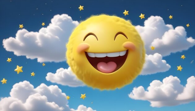 Joyful emoji floating in a whimsical sky with fluffy clouds and stars.