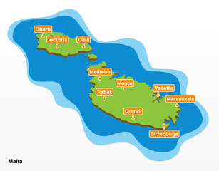 3d vector illustration graphic green color geographical map of Malta with largest cities shown