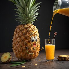 A cartoonish pineapple with eyes stands next to a glass of orange juice. Juice is being poured from a jar into the glass. The background is dark, highlighting the vibrant colors.